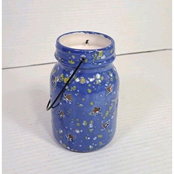 Blue Ceramic Lantern Candle Holder Stars Firefly Painting Jar w/ Handle Rustic - Picture 3 of 4